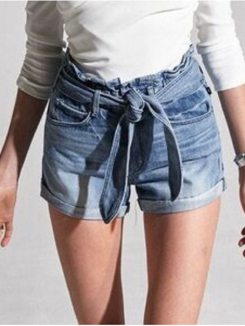 Designer MCGUIRE High-Rise Tie-Waist Light Blue Denim Shorts Sz 28